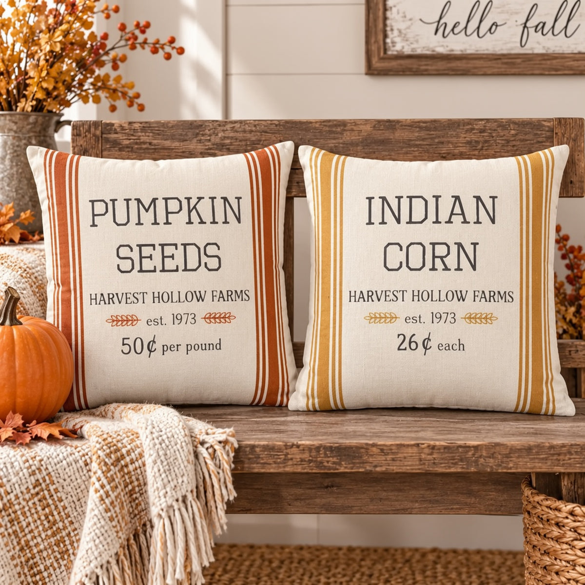 Harvest Hollow pillow cover pair with Pumpkin Seeds and Indian Corn lettering and rust and gold stripes, styled on a wooden bench.

