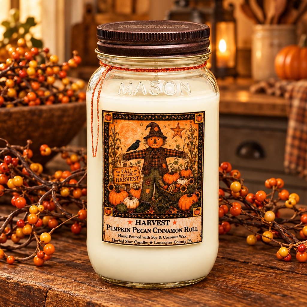 A mason jar candle with a dark brown lid and a rustic autumn-themed label reading 'Harvest Pumpkin Pecan Cinnamon Roll,' styled on a wooden surface with fall berries and warm background decor.
