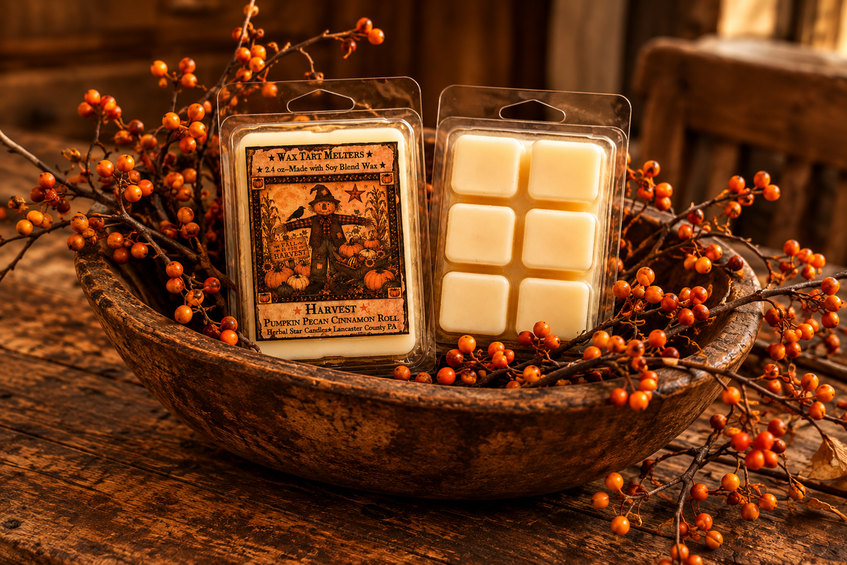 Two wax melts products displayed in a rustic wooden bowl filled with orange berries. One package shows a printed label reading 'Wax Lovers' and 'Harvest,' while the other package shows six white wax cubes in a clear clamshell.