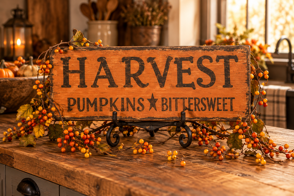 A rustic wooden sign reading “HARVEST PUMPKINS BITTERSWEET” displayed on a wooden table in a cozy autumn kitchen setting, decorated with berries, fall leaves, and pumpkins.