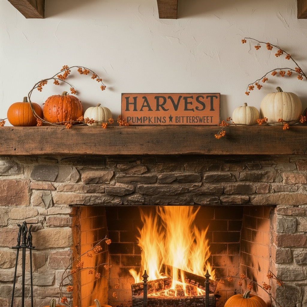 Decorative sign with 'Harvest Pumpkins Bittersweet' text next to a wooden box with autumnal branches.