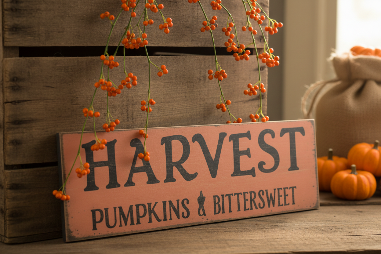 Harvest Pumpkins Bittersweet Small Primitive Wood Sign