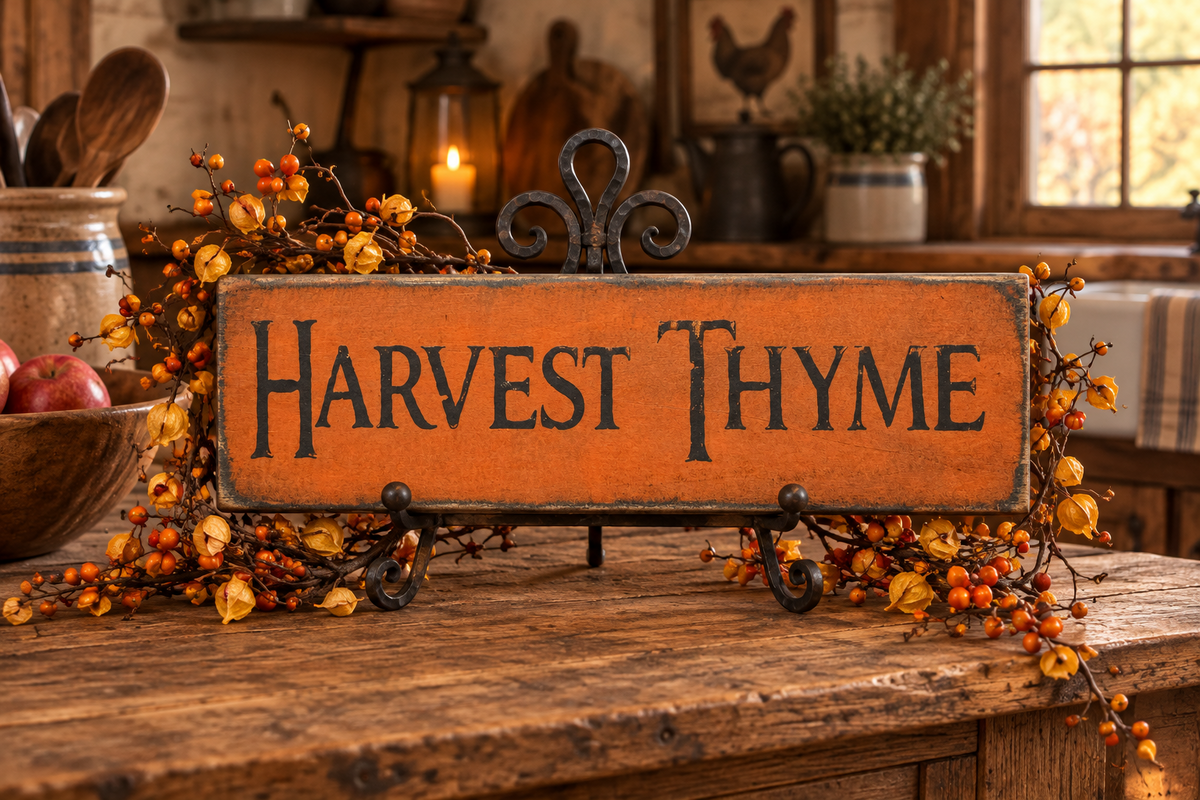 A rustic orange wooden sign with the words 'Harvest Thyme' in black lettering, displayed on a wooden table in a cozy autumn kitchen setting with berry garlands and fall decor.