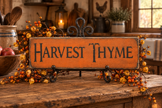 A rustic orange wooden sign with the words 'Harvest Thyme' in black lettering, displayed on a wooden table in a cozy autumn kitchen setting with berry garlands and fall decor.