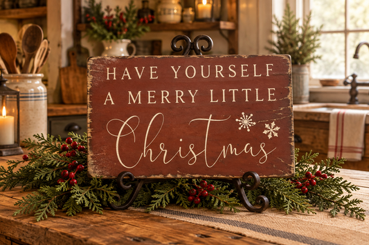 A rustic wooden Christmas sign with the phrase 'HAVE YOURSELF A MERRY LITTLE Christmas' in white lettering, displayed on a black metal easel stand on a wooden table with holiday greenery and red berries in a cozy kitchen setting.