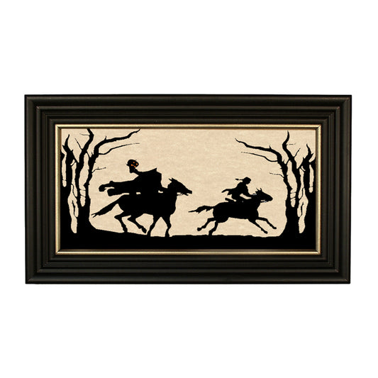 Silhouette of headless horseman with trees in black frame
