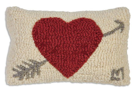 Cream colored hooked pillow with red heart and tan arrow