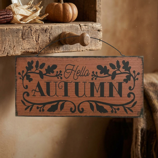 Hello autumn primitive wood sign hanging from peg on shelf