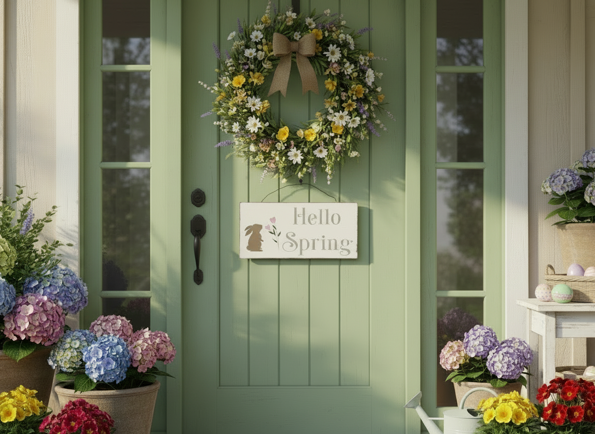 Green door with floral wreath and 'Hello Spring' sign, surrounded by potted flowers.