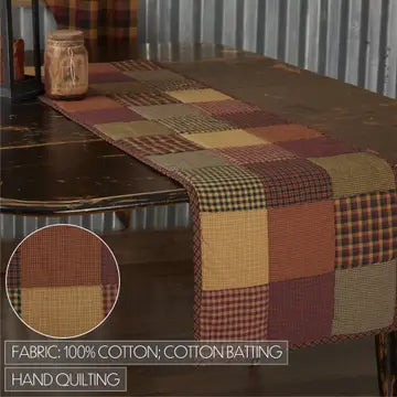 Patchwork table runner on a wooden table with a close-up inset and product details text.