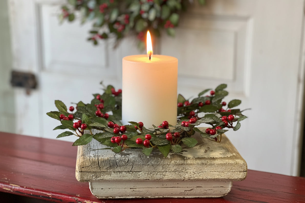 Decorative candle holder with greenery and berries on a wooden block, Christmas wreath in the background.