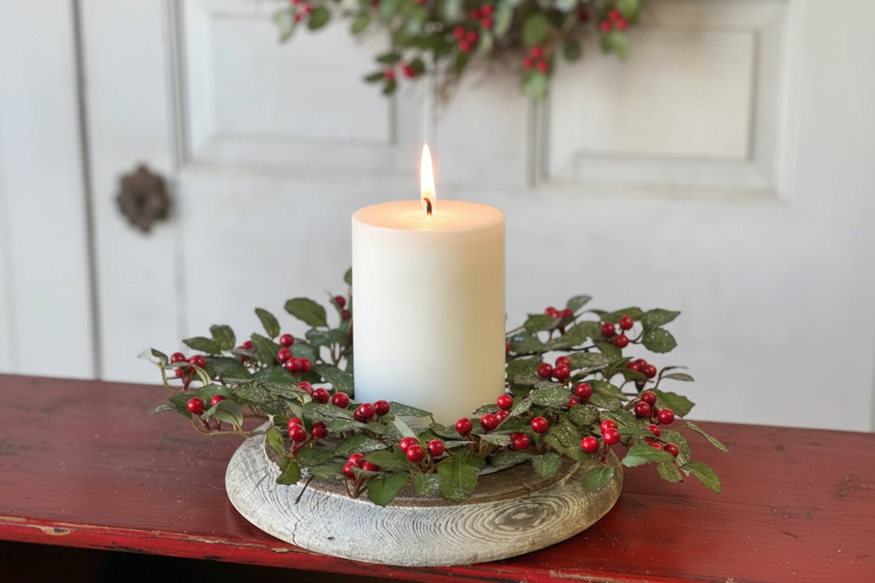 Decorative candle holder with a white candle, surrounded by greenery and red berries, on a wooden surface.