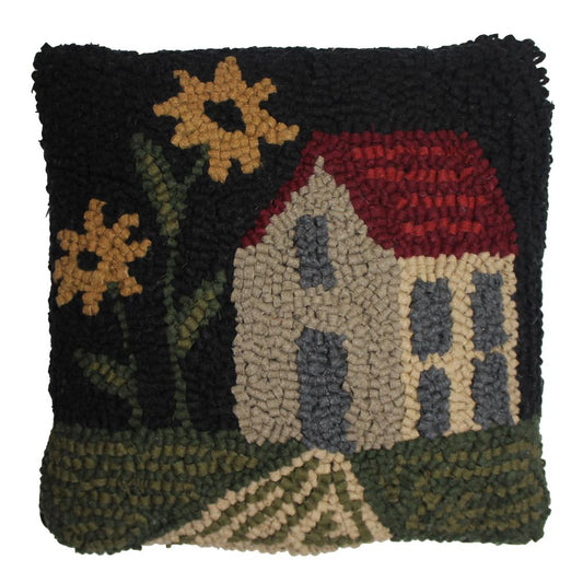 Hooked pillow with house and sunflowers on white background