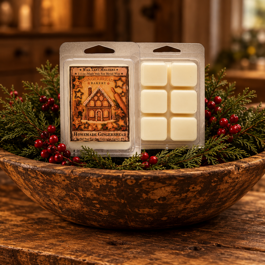 A packaged wax melt set displayed in a rustic wooden bowl filled with evergreen branches and red berries. The left package shows the front label reading 'Homemade Gingerbread' and 'Wax Co.