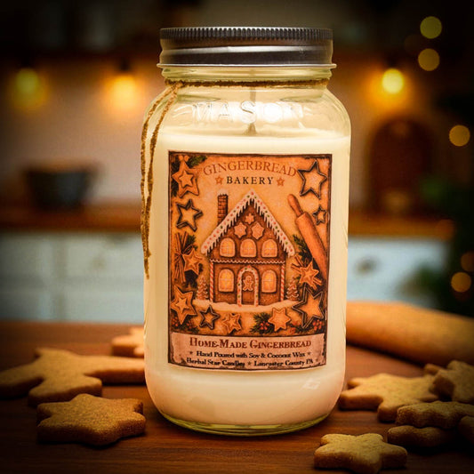 Gingerbread-themed candle in a jar with star-shaped cookies on a wooden surface.