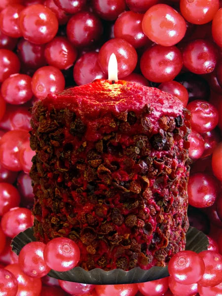 A cranberry-scented candle with rose hip decorations, surrounded by rose hips and with a lit candle on top.