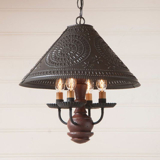 Vintage-style pendant light with dark brown shade and wooden base on a neutral background
