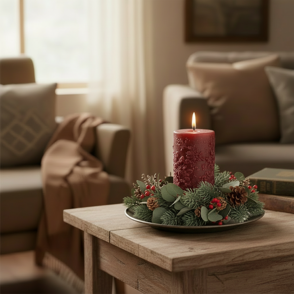 Purple candle in a decorative wreath on a wooden surface with a rustic background