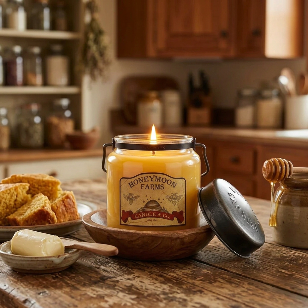 Lit Honey and Cornbread jar candle in a wooden bowl beside cornbread, butter, and a honey jar on a rustic kitchen table.