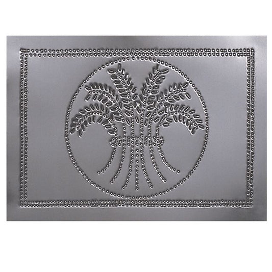 A circular metal panel with a pierced wheat design and a country tin finish.