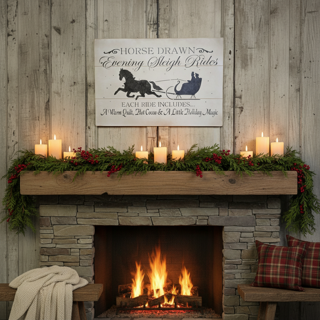 Cozy fireplace with mantel decorated for Christmas, featuring a sign and candles.