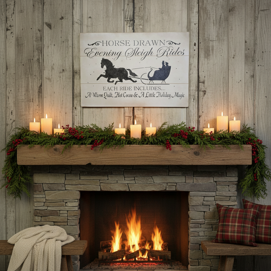 Cozy fireplace with mantel decorated for Christmas, featuring a sign and candles.