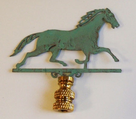 Copper lamp finial in verdigris finish with a horse design