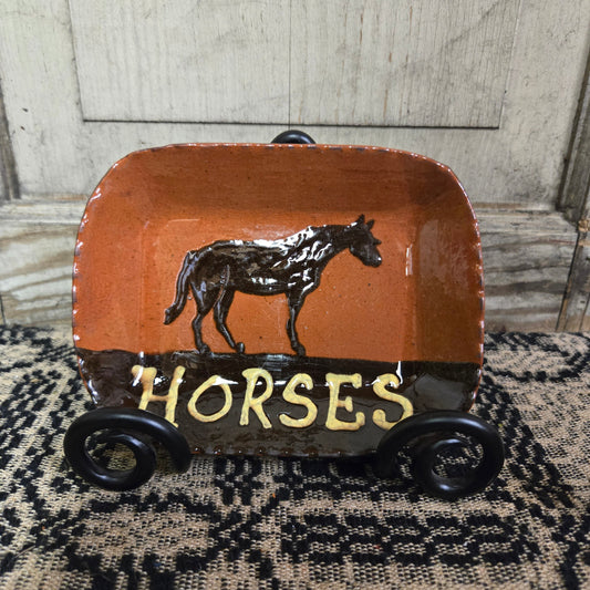 Small rectangular redware plate with an animal motif and the word 'HORSES'