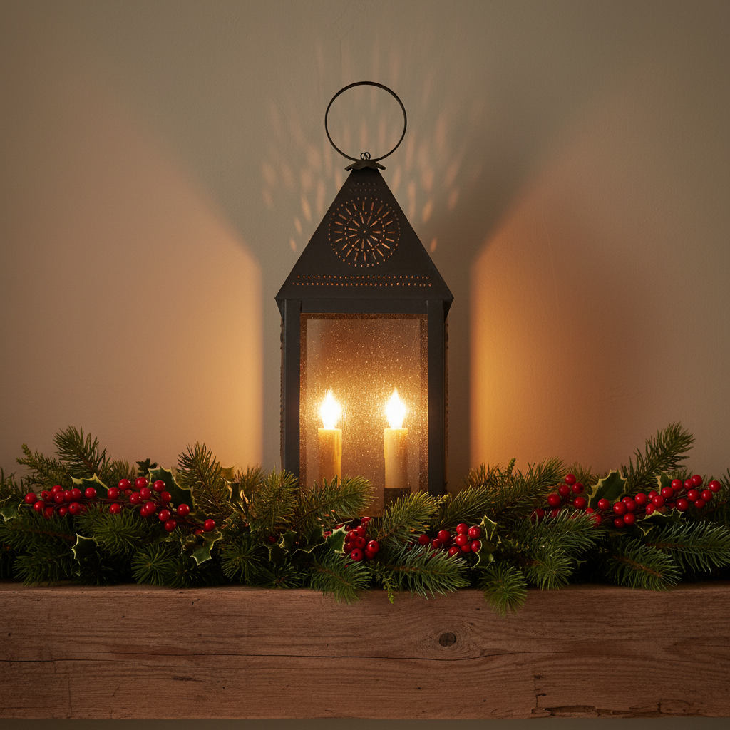 Decorative lantern with candles surrounded by greenery and red berries on a wooden surface.