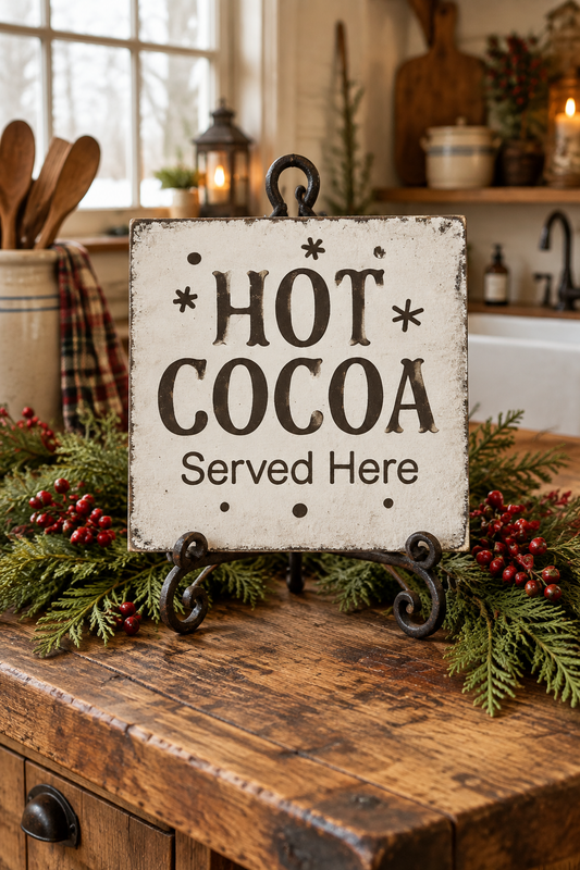 A rustic white wooden sign with distressed edges that reads “HOT COCOA Served Here,” displayed on a small black metal easel stand on a wooden countertop. The sign is decorated with green pine branches, red berries, and holiday greenery in a cozy kitchen setting.