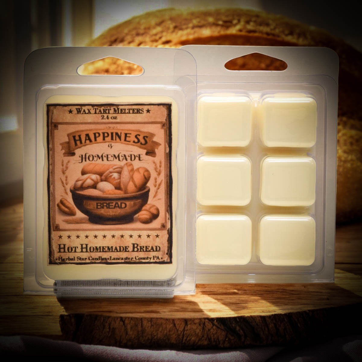 Pack of wax tart melters with a bread-themed label on a wooden surface.