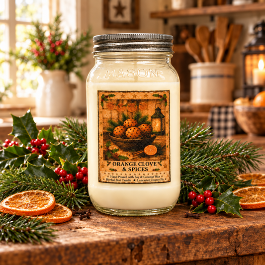 A large white candle in a clear glass mason jar with a silver lid and a vintage-style label reading 'Orange Cloves & Spices,' styled on a rustic wooden table with pine branches, holly, red berries, dried orange slices, and warm kitchen decor in the background.