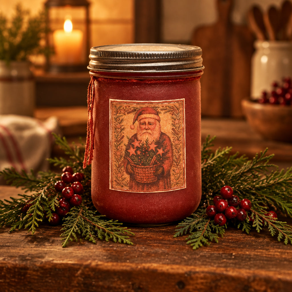 Old Santa Cinnamon Frosted Red Farmhouse Jar Candle 18 oz