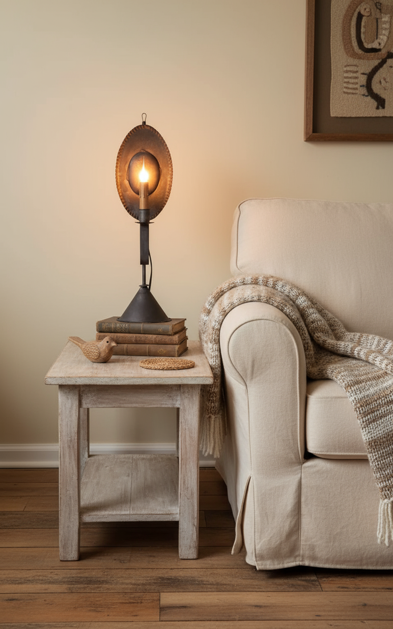 Cozy living room with a beige sofa, wooden side table, and decorative lamp.