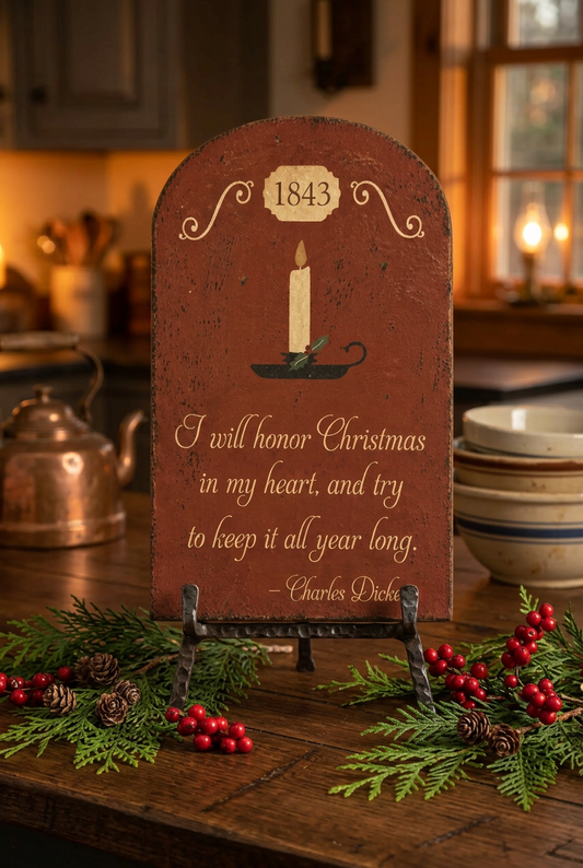 Primitive wood sign on wrought iron easel with cedar greens and berries.