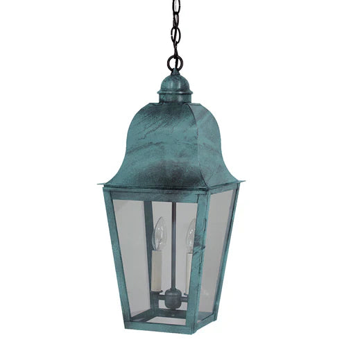 Vintage-style hanging lantern with a greenish-blue finish on a white background