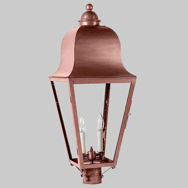 Copper outdoor lantern with gray glass on a white background