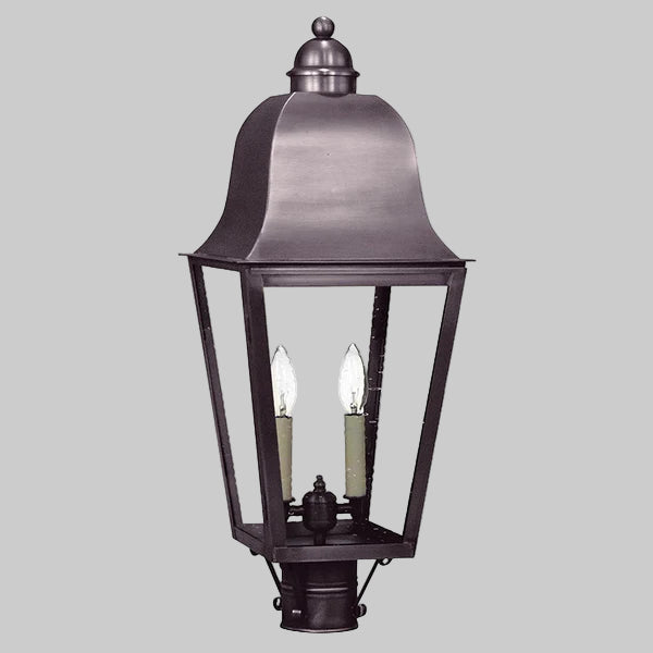 Traditional outdoor lamp with two candle-style lights on a gray background