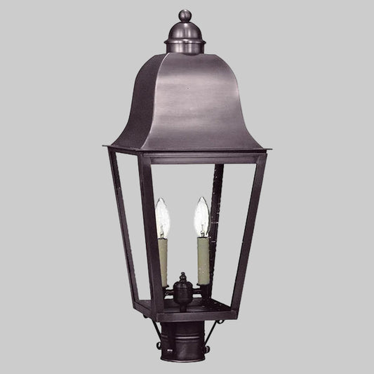 Traditional outdoor lamp with two candle-style lights on a gray background