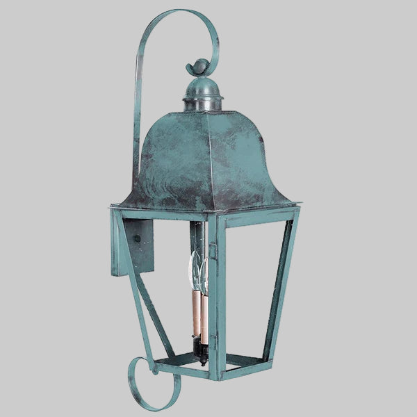 Vintage-style teal lantern on a gray background