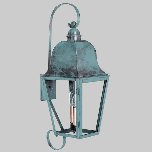Vintage-style teal lantern on a gray background