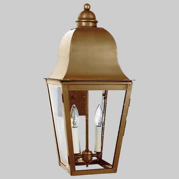 Bronze outdoor lantern with clear glass on a gray background