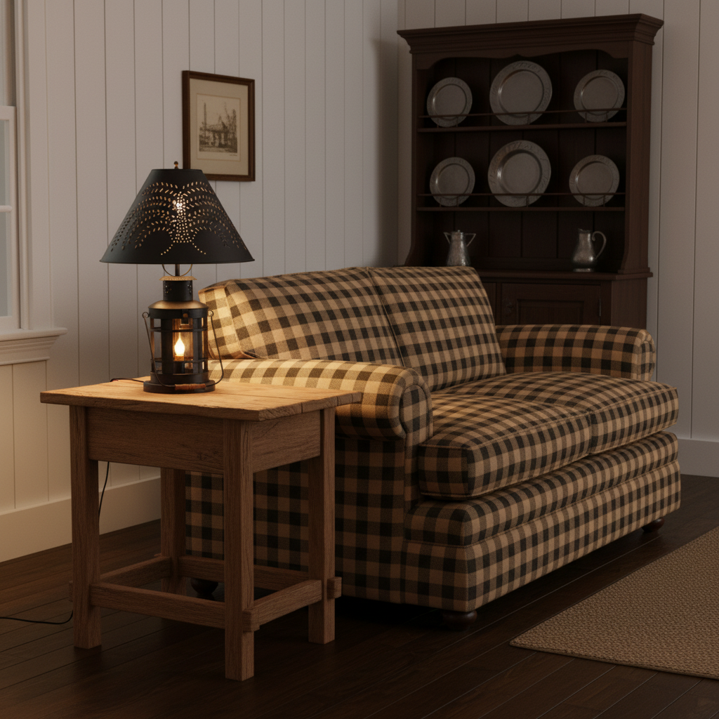 Checkered sofa in a dimly lit room with a wooden side table and lamp.