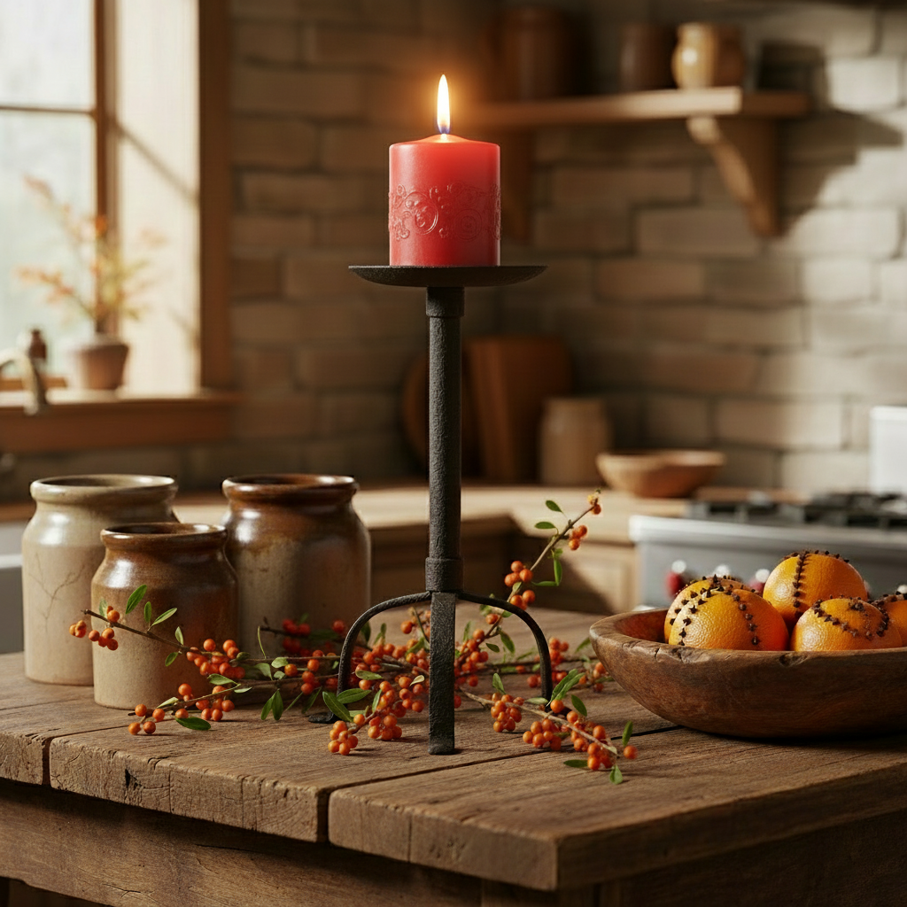 Candle on a metal holder with berries and pumpkins on a wooden table in a rustic kitchen.