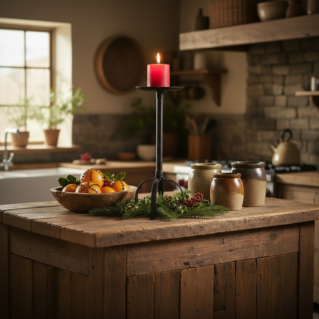 Candle on a wooden table in a rustic kitchen setting