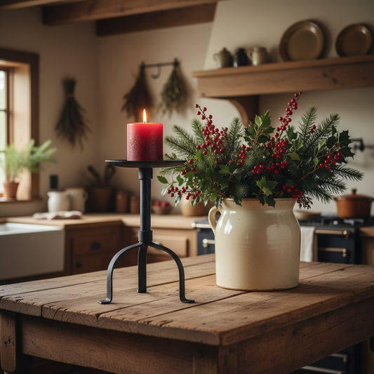 Decorative candle and floral arrangement on a wooden table in a rustic kitchen.