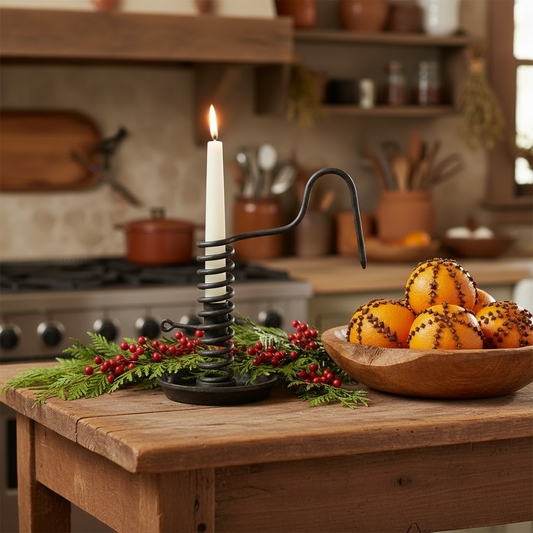 Decorative setup with a lit candle, bowl of oranges, and greenery on a wooden table.