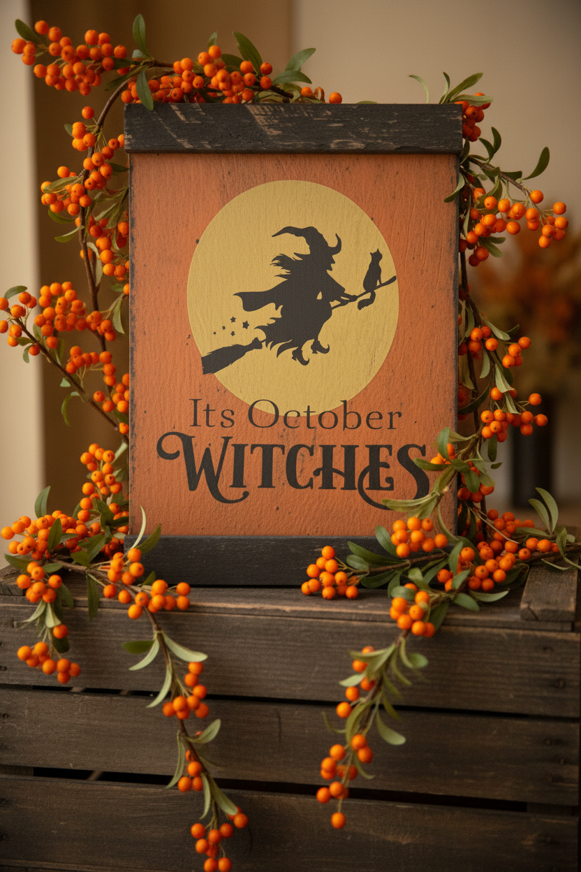 Decorative sign with a witch silhouette and 'It's October Witches' text, surrounded by orange berries.