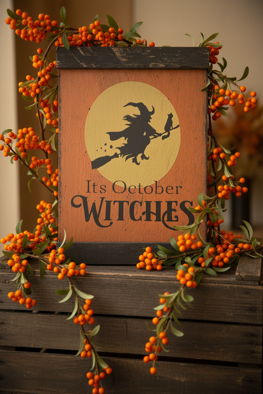 Decorative sign with a witch silhouette and 'It's October Witches' text, surrounded by orange berries.