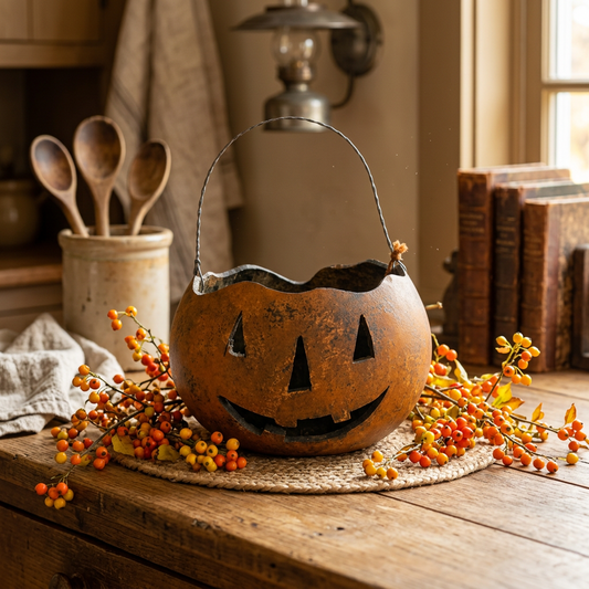 Jack O Lantern gourd on table with fresh bittersweet.